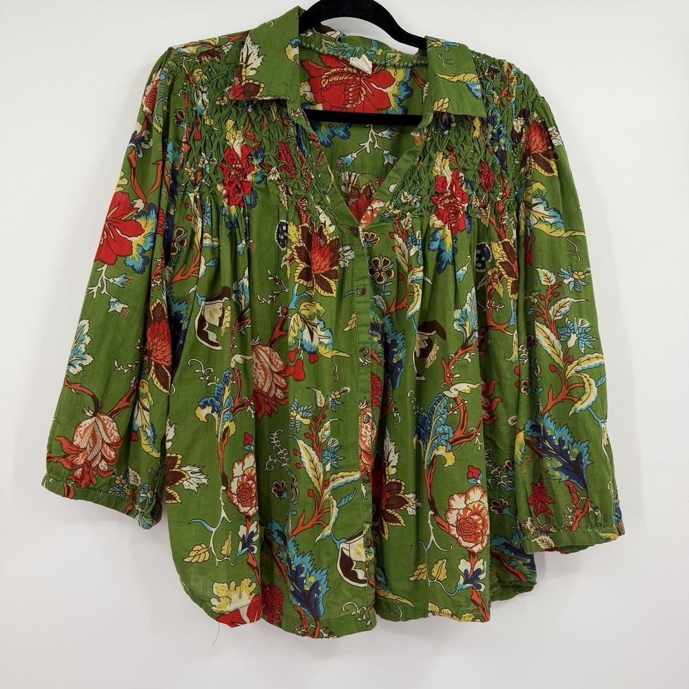 Ivy Jane Tunic Top Womens XL Green 3/4 Sleeve Floral Blouse Boho Relaxed